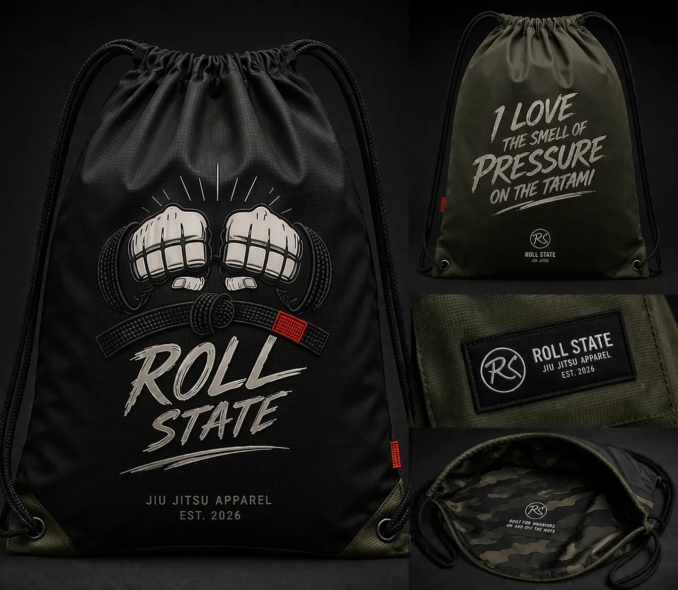 Bolsa de cuerdas negra con gráfico Roll State y detalles en camuflaje