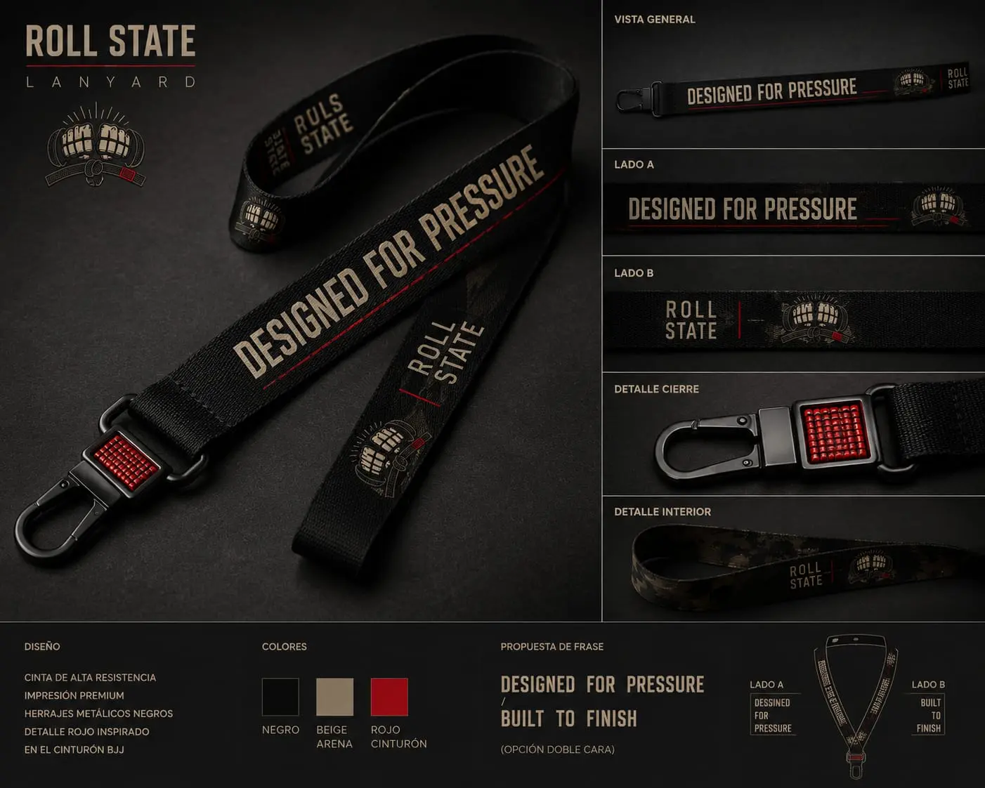 Cuelga llaves lanyard negro de Roll State con la frase Designed for pressure y herraje metálico