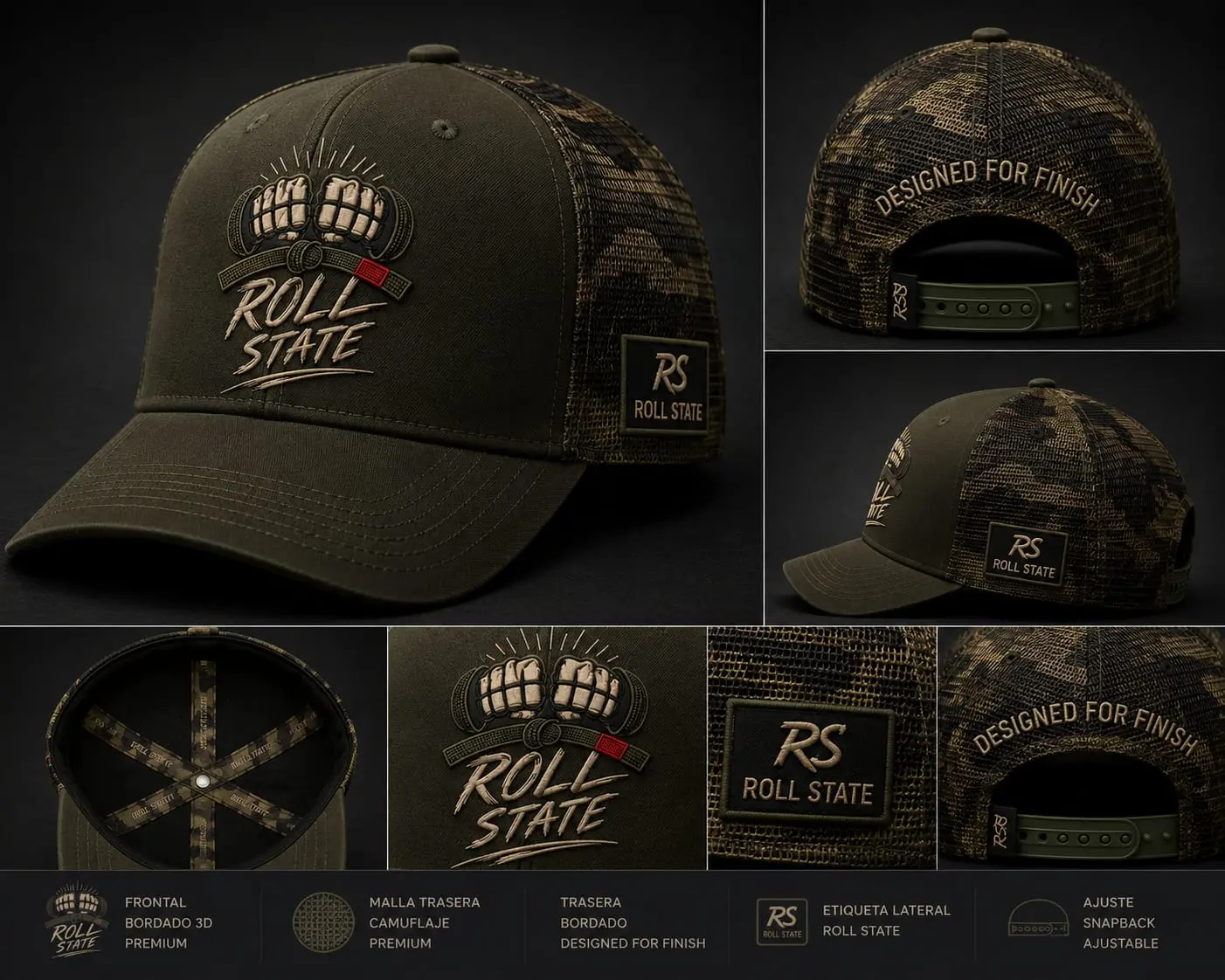 Gorra trucker verde militar con bordado Roll State y malla trasera de camuflaje