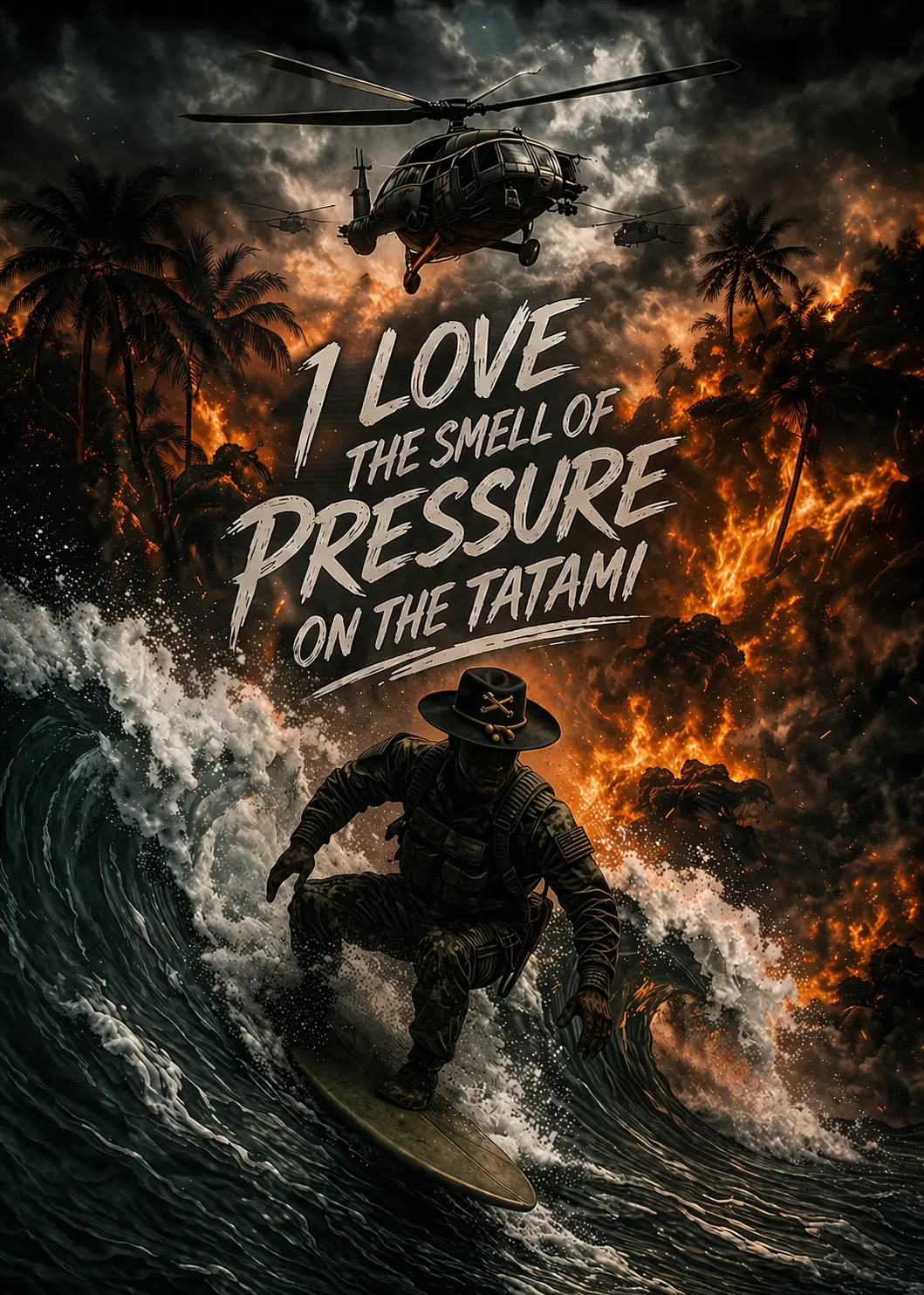 Arte de campaña de Roll State: un soldado surfea una ola gigante entre fuego y helicópteros bajo el lema I love the smell of pressure on the tatami