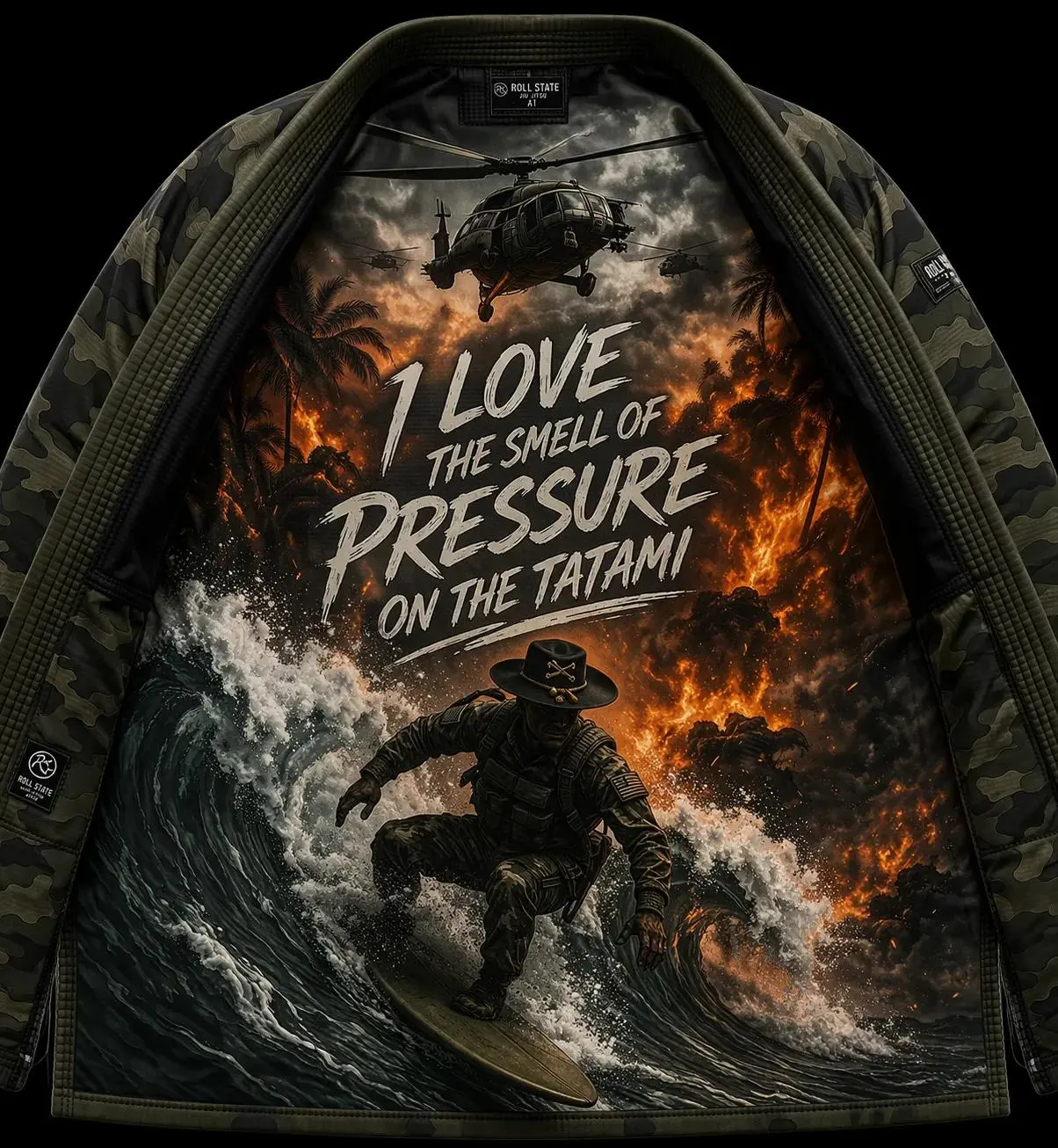 Render de la chaqueta del GI camuflaje con detalles del logo en pecho, cuello y pantalón
