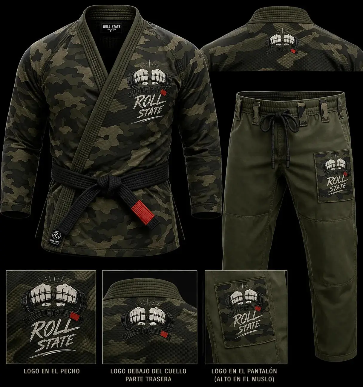 Presentación del GI Roll State: chaqueta camuflaje con cinturón negro y pantalón verde militar con parche en el muslo