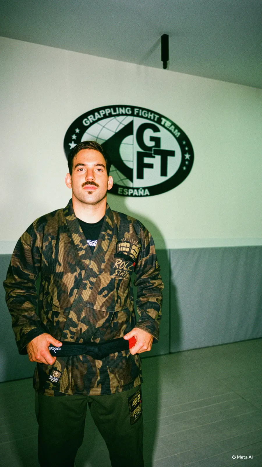 Pedro Ottonello, cinturón negro, con el GI camuflaje de Roll State ajustándose el cinturón en la academia