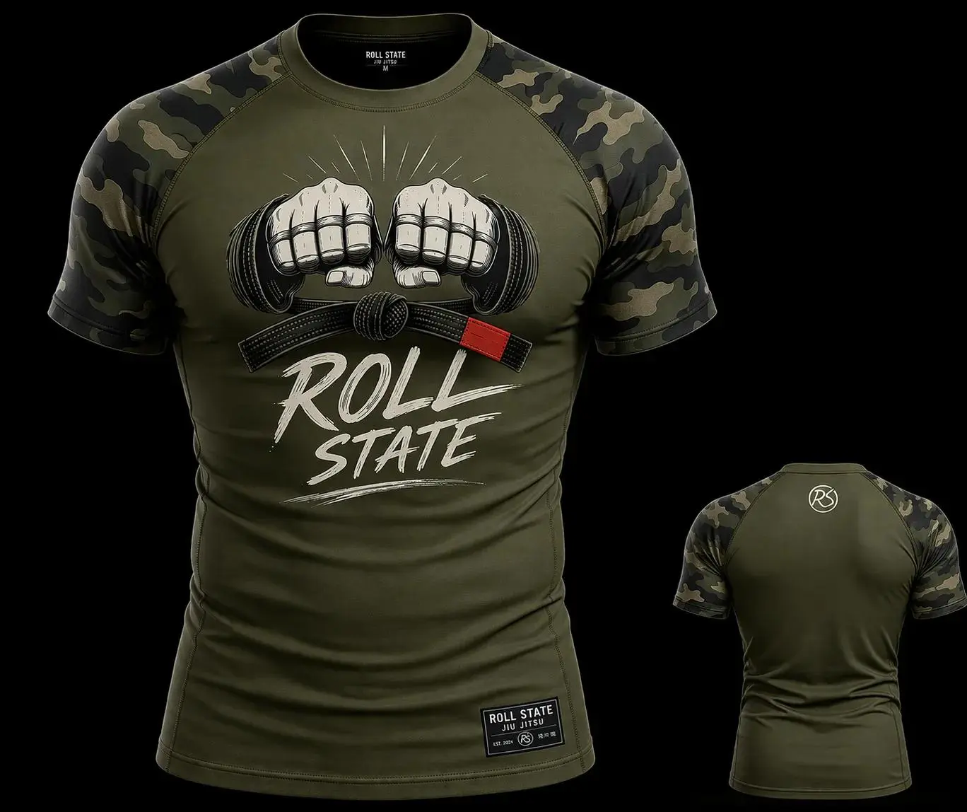 Presentación del rashguard Roll State verde militar con mangas raglán de camuflaje y gráfico de puños sobre cinturón negro